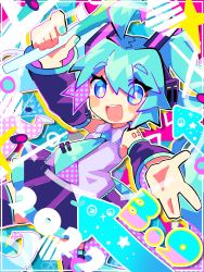Rule 34 | 1girl, 39, :d, black skirt, black sleeves, blue eyes, blue hair, blue nails, blue necktie, blue theme, blush stickers, bright pupils, collared shirt, detached sleeves, dutch angle, eyes visible through hair, food, grey shirt, hatsune miku, headset, highres, holding, holding food, holding spring onion, holding vegetable, nail polish, necktie, open mouth, polka dot, reaching, reaching towards viewer, round teeth, shirt, skirt, sleeveless, sleeveless shirt, smile, solo, sowao., spring onion, star (symbol), teeth, upper body, vegetable, vocaloid, white pupils