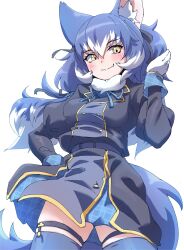 Rule 34 | 1girl, absurdres, animal ears, blue hair, bow, bowtie, dire wolf (kemono friends), extra ears, gloves, highres, jacket, kemono friends, kemono friends v project, long hair, looking at viewer, lowlandgorilla, ribbon, scarf, simple background, skirt, solo, tail, thighhighs, virtual youtuber, wolf ears, wolf girl, wolf tail, yellow eyes