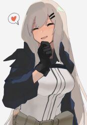 Rule 34 | 1girl, black gloves, breasts, chesed (uporyz), closed eyes, commentary, girls&#039; frontline, gloves, grey background, grey hair, hair between eyes, hair ornament, hairclip, hand to own mouth, heart, highres, jacket, long hair, m590 (girls&#039; frontline), medium breasts, open mouth, simple background, smile, solo, spoken heart, upper body