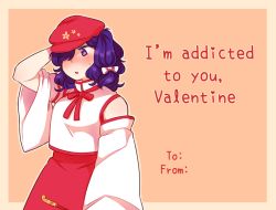 Rule 34 | 1girl, arm behind head, averting eyes, blush, commentary, detached sleeves, dolls in pseudo paradise, english text, extra, floral print, hat, label girl (dipp), nekolina, open mouth, purple eyes, purple hair, solo, sweat, touhou, valentine