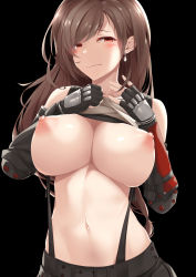 Rule 34 | 1girl, absurdres, bare shoulders, belt, black background, black gloves, black skirt, blush, breasts, brown hair, cleavage, closed mouth, clothes lift, earrings, final fantasy, final fantasy vii, fingerless gloves, gauntlets, gloves, hands up, highres, jewelry, kana616, large breasts, long hair, looking at viewer, navel, nipples, no bra, red eyes, shirt, shirt lift, sidelocks, signature, simple background, skirt, sleeveless, sleeveless shirt, solo, stomach, suspenders, tifa lockhart, upper body, wavy mouth, white shirt