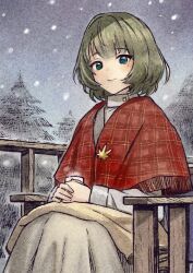 Rule 34 | 1girl, blanket, blue eyes, blush, brown skirt, capelet, chair, cup, green eyes, green hair, heterochromia, holding, holding cup, idolmaster, idolmaster cinderella girls, jewelry, looking at viewer, mole, mole under eye, oumi mizu, pine tree, red capelet, sitting, skirt, smile, snowing, solo, sweater, takagaki kaede, tree, turtleneck, turtleneck sweater, white sweater