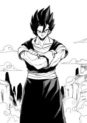 Rule 34 | 1boy, black hair, closed mouth, crossed arms, dougi, dragon ball, dragonball z, earrings, gloves, greyscale, highres, jewelry, looking at viewer, male focus, monochrome, muscular, potara earrings, smile, solo, spiked hair, tukiwani, vegetto, white gloves