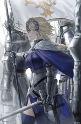 1girl 3others absurdres armor armored_dress artist_name blonde_hair blue_eyes braid braided_ponytail breasts cape chain closed_mouth commentary couter cowboy_shot fate/grand_order fate_(series) faulds flag from_side full_armor gauntlets headpiece highres holding holding_flag holding_sword holding_weapon jeanne_d&#039;arc_(fate) knight large_breasts long_braid looking_to_the_side multiple_others outdoors profile shiro_(siro_kuten) signature single_braid smile solo_focus standard_bearer standing sword thighhighs vambraces weapon