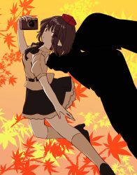 Rule 34 | 1girl, autumn leaves, back cutout, backlighting, belt, bird wings, blouse, breasts, brown hair, camera, clothing cutout, collared shirt, commentary, hat, high heels, highres, looking at viewer, medium breasts, one-hour drawing challenge, pointy ears, red eyes, shameimaru aya, shirt, shoes, short hair, skirt, socks, solo, sunset, tokin hat, touhou, wings, yururi nano