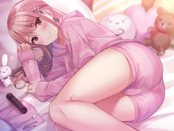 Rule 34 | 1girl, ass, bed, blush, brown eyes, brown hair, rabbit, cameltoe, hair ornament, hairclip, highres, hood, hoodie, long hair, looking at viewer, lying, on bed, on pillow, on side, original, pajamas, pillow, pink hoodie, pink pajamas, pink shorts, shorts, smile, stuffed animal, stuffed toy, super nagoyaka, teddy bear