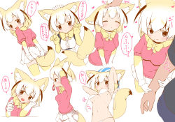 Rule 34 | 10s, 1girl, :&lt;, :3, :d, alternate costume, animal ear fluff, animal ears, arm hug, ball, beachball, bikini, blonde hair, bow, bowtie, brown eyes, commentary request, enmaided, extra ears, fennec (kemono friends), fox ears, fox tail, hair tie in mouth, headpat, heart, highres, kemono friends, looking at viewer, maid, makuran, medium hair, mouth hold, multicolored hair, multiple views, open mouth, paw pose, pleated skirt, short-sleeved sweater, short sleeves, simple background, skirt, smile, sweater, swimsuit, tail, tail wagging, thighhighs, translation request, wardrobe malfunction, white background, white bikini, white hair, white skirt, yellow neckwear, yellow thighhighs