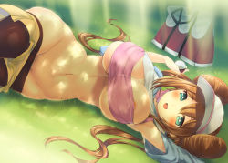 Rule 34 | 10s, 1girl, akanagi youto, alternate breast size, aqua eyes, areola slip, bad id, bad pixiv id, black pantyhose, blush, breasts, brown hair, clothes lift, clothes pull, covered erect nipples, creatures (company), curvy, dappled sunlight, double bun, game freak, hair bun, huge breasts, large breasts, long hair, looking at viewer, lying, navel, nintendo, open mouth, pantyhose, pantyhose pull, poke ball, pokemon, pokemon bw2, rosa (pokemon), shirt lift, shorts, shorts pull, skirt, skirt pull, smile, solo, strapless, sunlight, tube top, twintails, underboob, undressing, visor cap, wide hips