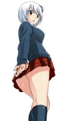 Rule 34 | 1girl, arms behind back, ass, back, breasts, brown eyes, fairy tail, feet out of frame, hair between eyes, kneehighs, large breasts, looking at viewer, mashima hiro, miniskirt, official art, short hair, simple background, skirt, socks, solo, standing, upskirt, white background, white hair, yukino aguria