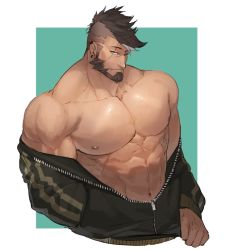Rule 34 | 1boy, abs, bara, bare pectorals, beard, black hair, black jacket, cropped torso, cyphers, damian doyle (cyphers), dark-skinned male, dark skin, facial hair, gomtang, jacket, large pectorals, looking at viewer, male focus, mature male, mohawk, muscular, muscular male, navel, nipples, off shoulder, open clothes, open jacket, pectorals, scar, scar across eye, scar on face, short hair, smile, solo, stomach, unzipped