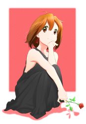 Rule 34 | 1girl, arm support, bare shoulders, black dress, brown eyes, brown hair, closed mouth, collarbone, dress, earrings, flower, hand on own face, highres, hirasawa yui, holding, holding flower, jewelry, k-on!, looking at viewer, red flower, red rose, rose, short hair, sleeveless, sleeveless dress, smile, solo, sososososo 1729, squatting