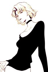 Rule 34 | 11kkr, 1girl, akagi ritsuko, arm support, black choker, black shirt, blonde hair, blouse, breasts, choker, cigarette, collarbone, commentary request, cowboy shot, earrings, fingernails, flat color, hair between eyes, hand on own hip, jewelry, lips, looking at viewer, medium breasts, medium hair, mole, mole under eye, monochrome, neon genesis evangelion, parted bangs, pink hair, shirt, simple background, skirt, smoking, solo, spot color, standing, upper body, white background, white skirt