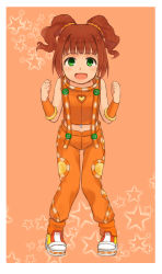 Rule 34 | 1girl, blush, clenched hands, green eyes, himetsuba, idolmaster, idolmaster (classic), open mouth, red hair, short hair, sleeveless, solo, star (symbol), takatsuki yayoi, twintails