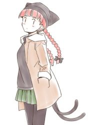 Rule 34 | 1girl, alternate costume, animal ears, black sweater, blush, bow, braid, casual, cat ears, extra ears, hands in pockets, jacket, kaenbyou rin, looking at viewer, multiple tails, nekomata, pants, pants under skirt, pantyhose, pointy ears, rangycrow, red hair, skirt, solo, standing, subterranean animism, sweater, tail, touhou, twin braids, white background