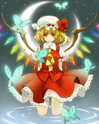Rule 34 | 1girl, blonde hair, bug, butterfly, crescent moon, female focus, flandre scarlet, hat, bug, moon, night, night sky, one side up, ponytail, red eyes, short hair, side ponytail, sirogane, sky, solo, touhou, water, wings