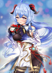 Rule 34 | 1girl, absurdres, ahoge, bare shoulders, bell, black gloves, black legwear, blue hair, blush, breasts, candy, chinese knot, chocolate, chocolate heart, dated, detached sleeves, flower knot, food, ganyu (genshin impact), genshin impact, gloves, gold trim, heart, highres, holding, horns, light smile, long hair, looking at viewer, low ponytail, medium breasts, multicolored eyes, neck bell, nori chazuke, red rope, rope, sidelocks, signature, solo, standing, tassel, thighlet, valentine, very long hair, vision (genshin impact), waist cape, white sleeves