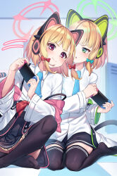 Rule 34 | 2girls, absurdres, animal ear headphones, animal ears, black thighhighs, blonde hair, blue archive, blue bow, blue necktie, blunt bangs, bow, cat ear headphones, closed mouth, commentary request, fake animal ears, hair bow, halo, handheld game console, headphones, highres, holding, holding handheld game console, jacket, looking at another, looking at viewer, midori (blue archive), momoi (blue archive), multiple girls, necktie, nintendo switch, panties, pantyshot, pizza (pizzania company), red bow, red eyes, red panties, shirt, short hair, siblings, sisters, sitting, thighhighs, underwear, white jacket, white shirt