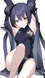 Rule 34 | 1girl, armpits, arms up, black dress, black hair, blue archive, blush, butterfly hair ornament, china dress, chinese clothes, double bun, dragon print, dress, grey eyes, hair bun, hair ornament, highres, kisaki (blue archive), long hair, pelvic curtain, pukku, sitting, solo, sweat, thighs, white background