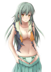 Rule 34 | 10s, 1girl, bad anatomy, bad hands, bloodhound, bow, breasts, brown eyes, cleavage, collarbone, commentary request, cowboy shot, female focus, green hair, green panties, hair bow, hair down, highres, kantai collection, large breasts, long hair, looking at viewer, navel, no bra, open clothes, open shirt, panties, parted lips, pleated skirt, polka dot, polka dot panties, poorly drawn, shirt, simple background, skirt, sleeveless, sleeveless shirt, solo, torn clothes, torn shirt, underwear, undressing, white background, yuubari (kancolle)