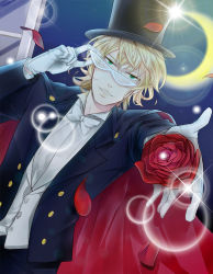 Rule 34 | 1boy, bad id, bad pixiv id, barnaby brooks jr., bishoujo senshi sailor moon, black hair, blonde hair, cape, chiba mamoru, cosplay, crescent moon, flower, formal, glasses, gloves, green eyes, hat, male focus, moon, outstretched hand, parody, petals, red flower, red rose, rinzu acco, rose, solo, suit, tiger &amp; bunny, top hat, tuxedo, tuxedo kamen, tuxedo kamen (cosplay), white gloves