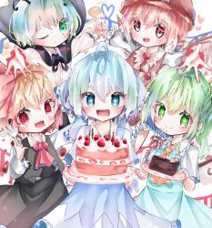Rule 34 | + +, 5girls, :d, @ @, absurdres, ahoge, antennae, ascot, beads, bird wings, black cape, black skirt, black vest, blonde hair, blue dress, blue hair, blurry, blurry background, blush, bright pupils, brown dress, cake, cake slice, cape, cirno, closed mouth, commentary request, cowboy shot, daiyousei, depth of field, dress, feathered wings, food, foreshortening, fork, frills, fura (wind rahu), green eyes, green hair, hair between eyes, hair ribbon, happy, hat, heart, highres, holding, holding cake, holding food, holding fork, long sleeves, multiple girls, mystia lorelei, one eye closed, open mouth, outstretched arms, pinafore dress, pink eyes, reaching, reaching towards viewer, red ascot, red eyes, red ribbon, ribbon, rumia, shirt, short hair, skirt, sleeveless, sleeveless dress, smile, star-shaped pupils, star (symbol), symbol-shaped pupils, team 9 (touhou), touhou, vest, white shirt, wing collar, wings, wriggle nightbug, yellow ascot