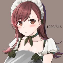 Rule 34 | 1girl, alternate costume, blush, breasts, brown background, brown eyes, brown hair, check commentary, choker, cleavage, collarbone, commentary request, dated, enmaided, gloves, green gloves, green neckwear, kantai collection, long hair, looking at viewer, maid, maid headdress, medium breasts, ooi (kancolle), partial commentary, puffy short sleeves, puffy sleeves, short sleeves, simple background, solo, tray, upper body, yunamaro