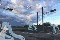 Rule 34 | 156m, 39, 3girls, ahoge, black footwear, black skirt, black sleeves, blue eyes, blue hair, blue necktie, blush, boots, clone, closed mouth, collared shirt, crosswalk, dated, detached sleeves, facing away, floating hair, floating neckwear, grey shirt, hair ornament, hatsune miku, highres, house, intersection, long hair, long sleeves, looking at viewer, multiple girls, necktie, outdoors, photo background, pleated skirt, power lines, road, shirt, signature, skirt, sleeves past fingers, sleeves past wrists, smile, square, thigh boots, traffic light, translucent, twintails, very long hair, vocaloid, wide shot