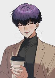 Rule 34 | 1boy, bowl cut, breath, closed eyes, coat, cup, disposable coffee cup, disposable cup, fangs, grey background, highres, holding, holding cup, hoshina soshiro, kaijuu no. 8, kitsune (ly howe), male focus, open mouth, purple hair, simple background, smile, turtleneck, upper body