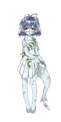 Rule 34 | animal ear fluff, animal ears, blue hair, blue skin, child, colored skin, dress, eliixar, fang, highres, horns, original, red eyes, scales, tail, thighs, wet, wet clothes, wet dress, white background, white dress