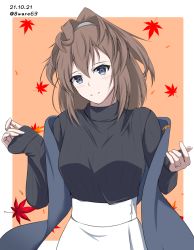 Rule 34 | 1girl, alternate costume, black sweater, blue eyes, blue scarf, breasts, brown hair, hachiware (8ware63), highres, kantai collection, long hair, long sleeves, medium breasts, messy hair, scarf, sheffield (kancolle), skirt, solo, sweater, upper body, white skirt