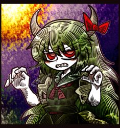 Rule 34 | 1girl, black border, blush, border, bow, claw pose, clenched teeth, collared dress, commentary, dress, ex-keine, gradient hair, green dress, green hair, hair between eyes, hands up, hatching (texture), horn bow, horn ornament, horns, kamishirasawa keine, linear hatching, long hair, looking at viewer, multicolored hair, neckerchief, puffy short sleeves, puffy sleeves, red bow, red eyes, red neckerchief, sharp teeth, short sleeves, solo, suenari (peace), teeth, touhou, two-tone hair, upper body, v-shaped eyebrows, white hair