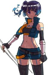 Rule 34 | 1girl, ariazi, blue eyes, blue hair, blue shorts, chest jewel, clenched hand, cropped jacket, elbow gloves, fiery hair, fingerless gloves, gloves, highres, holding, holding weapon, midriff, navel, sena (xenoblade), shorts, side ponytail, sports bra, thighhighs, weapon, white background, xenoblade chronicles (series), xenoblade chronicles 3