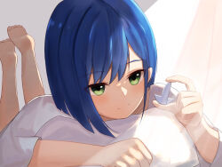 Rule 34 | 1girl, barefoot, blue hair, blush, commentary, curtains, darling in the franxx, dorachan, feet, feet up, green eyes, hair ornament, hairclip, highres, holding, holding hair ornament, holding pillow, ichigo (darling in the franxx), light blush, light smile, looking at object, lying, nightgown, on bed, on stomach, pillow, short hair, smile, soles, solo, toes, unworn hair ornament, unworn hairclip, white background, white nightgown