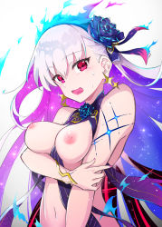 Rule 34 | 1girl, absurdres, bare shoulders, blue fire, blue hair, blush, bracelet, breasts, earrings, fate/grand order, fate (series), fire, flower, hair flower, hair ornament, hair ribbon, highres, jewelry, kama (fate), kama (swimsuit avenger) (fate), kama (swimsuit avenger) (third ascension) (fate), large breasts, long hair, looking at viewer, lotus, multicolored hair, nail polish, navel, nipples, open mouth, red eyes, ribbon, silver hair, smile, solo, star (symbol), star earrings, two-tone hair, yuniyuni