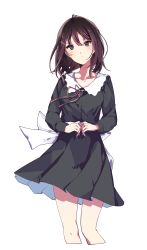 Rule 34 | 1girl, absurdres, ahoge, bare legs, black shirt, black skirt, blush, bow, bowtie, breasts, brown hair, clothes lift, expressionless, grey eyes, hair between eyes, hair ornament, hairclip, head tilt, highres, iien, large bow, long hair, long sleeves, looking at viewer, original, own hands together, parted lips, pleated skirt, school uniform, serafuku, shirt, simple background, skirt, skirt lift, small breasts, solo, standing, uniform, white background, white bow