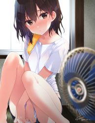 Rule 34 | 1girl, alternate costume, alternate hairstyle, blue shorts, blurry, brown eyes, brown hair, casual, commentary request, dated, depth of field, electric fan, feet out of frame, hair down, head tilt, kantai collection, koruri, looking at viewer, sendai (kancolle), shirt, short hair, shorts, signature, sitting, solo, sweat, tatami, white shirt, window, yellow towel