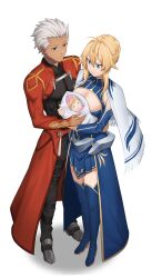 Rule 34 | 1boy, 2girls, absurdres, ahoge, archer (fate), artoria pendragon (fate), artoria pendragon (lancer) (fate), baby, blonde hair, blue dress, blue footwear, bow, breasts, cleavage, cloak, commission, dress, faldeus, family, fate/grand order, fate (series), green eyes, happy, highres, holding waist, if they mated, large breasts, long sleeves, multiple girls, original, pink bow, red cloak, short hair, standing, swaddled, thighhighs, white background