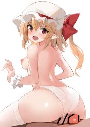 Rule 34 | 1boy, 1girl, artistic error, ass, back, bar censor, blonde hair, blush, bow, breasts, censored, commentary request, commission, eyelashes, fang, flandre scarlet, frilled cuffs, from behind, girl on top, grinding, hands up, hat, hat bow, hat ornament, hetero, highres, kamukamu (ars), long hair, looking at viewer, looking back, medium breasts, mob cap, nipples, no wings, one side up, open mouth, paid reward available, panties, penis, pointy ears, red bow, red eyes, reverse cowgirl position, sex from behind, sideboob, simple background, skindentation, solo focus, straddling, thighhighs, topless, touhou, underwear, underwear only, v-shaped eyebrows, white background, white headwear, white panties, white thighhighs, wrist cuffs