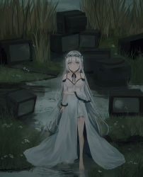 Rule 34 | 1girl, bare shoulders, barefoot, blue eyes, breasts, chihuri, closed mouth, commentary request, detached sleeves, dress, flower, grass, hair between eyes, highres, long hair, long sleeves, looking at viewer, medium breasts, night, original, outdoors, silver hair, sleeveless, sleeveless dress, solo, standing, television, very long hair, water, wetland, white dress, white flower, wide sleeves