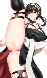 Rule 34 | 1girl, absurdres, anus, bad id, bad pixiv id, black dress, black footwear, black hair, blush, breasts, censored, dress, earrings, fary5, hair ornament, hairband, highres, jewelry, large breasts, leg up, looking at viewer, medium hair, mosaic censoring, parted lips, pussy, red eyes, simple background, solo, spy x family, thighhighs, thighs, two-sided dress, two-sided fabric, white background, white hairband, yor briar