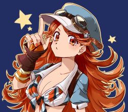 Rule 34 | 10s, 1girl, arm warmers, blue background, blue hat, blue jacket, blush, breasts, cleavage, collarbone, collared shirt, cropped jacket, eyebrows, goggles, goggles on headwear, granblue fantasy, hat, index finger raised, jacket, long hair, looking at viewer, mary (granblue fantasy), medium breasts, nail polish, nanashiba, orange eyes, orange hair, orange nails, outline, shirt, short sleeves, simple background, solo, star (symbol), striped, tied shirt, upper body, white shirt
