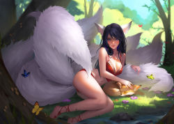 Rule 34 | 1girl, adapted costume, ahri (league of legends), animal ears, artist request, black hair, blurry, bra, breasts, bug, butterfly, cleavage, depth of field, facial mark, fox, fox tail, highres, bug, league of legends, lips, lying, medium breasts, multiple tails, nail polish, on side, outdoors, panties, purple eyes, red bra, red panties, solo, tail, underwear, whisker markings