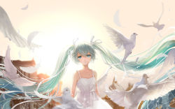 Rule 34 | 1girl, aqua hair, bird, blue eyes, commentary, crying, crying with eyes open, dove, dress, hatsune miku, long hair, solo, sundress, tears, twintails, very long hair, vocaloid, wallacexi, white dress
