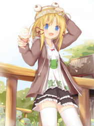 Rule 34 | 1girl, adapted costume, ahoge, alternate costume, beanie, blonde hair, blue eyes, blue sky, casual, collarbone, contemporary, day, efe, eyeball, female focus, food, food on face, frog, giving, hair ribbon, hand on headwear, hat, hood, hooded jacket, ice cream, ice cream on face, jacket, looking at viewer, md5 mismatch, moriya suwako, open mouth, pom pom (clothes), railing, religious offering, revision, ribbon, short hair, skirt, sky, smile, solo, tassel, thighhighs, touhou, white thighhighs, zettai ryouiki
