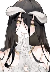 Rule 34 | 1girl, albedo (overlord), black hair, closed mouth, demon girl, gloves, hair between eyes, head tilt, highres, horns, interlocked fingers, looking at viewer, neko (ganecooo), overlord (maruyama), own hands together, simple background, slit pupils, smile, solo, upper body, white background, white gloves, yellow eyes
