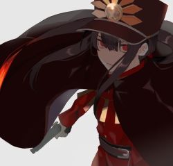 Rule 34 | 1boy, bad id, bad pixiv id, black hair, blunt bangs, cape, commentary request, fate (series), grey background, gun, hair between eyes, hat, holding, holding gun, holding weapon, jacket, kibadori rue, long hair, looking at viewer, male focus, military, military uniform, oda nobukatsu (fate), parted lips, peaked cap, red eyes, red jacket, simple background, solo, standing, uniform, upper body, weapon