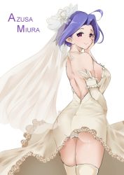 Rule 34 | 1girl, ahoge, anho, ass, backless dress, backless outfit, bare back, blue hair, breasts, character name, dress, elbow gloves, flower, from behind, gloves, hair flower, hair ornament, hand on own cheek, hand on own face, idolmaster, idolmaster (classic), looking at viewer, looking back, miura azusa, panties, pantylines, pantyshot, purple eyes, short hair, sideboob, sketch, smile, thighhighs, underwear, veil, wedding dress, white background, white dress, white gloves, white panties, white thighhighs