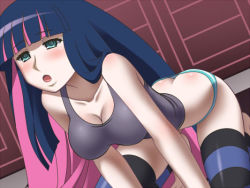 Rule 34 | 10s, 1girl, ass, awa, barefoot, blue hair, blush, breasts, butt crack, cleavage, green eyes, kneeling, large breasts, long hair, multicolored hair, panties, panty &amp; stocking with garterbelt, pink hair, solo, stocking (psg), thighhighs, two-tone hair, underwear, very long hair