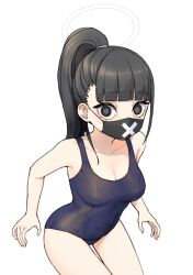 Rule 34 | 1girl, 28 (282teeth), absurdres, bare arms, bare legs, bare shoulders, black eyes, black hair, black mask, black one-piece swimsuit, blue archive, blush, breasts, cleavage, cowboy shot, halo, highres, korean commentary, large breasts, long hair, looking at viewer, mask, mouth mask, one-piece swimsuit, ponytail, school swimsuit, simple background, solo, sukeban (smg) (blue archive), surgical mask, swimsuit, white background