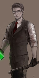 Rule 34 | 1boy, axe, glasses, jar, joseph oda, looking at viewer, male focus, mugikoma, necktie, solo, spot color, the evil within, vest, waistcoat, weapon